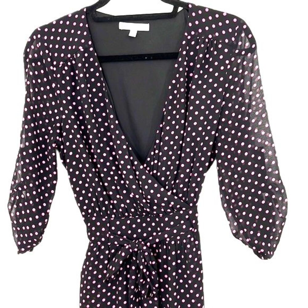 DR2 Wrap Polka Dot Sheer Lined Dress Black Pink Size Small - Picture 3 of 9